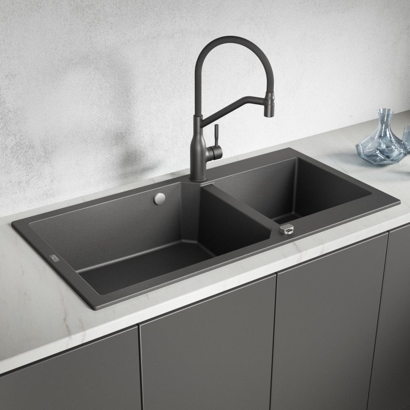 Zlewozmywak Granitowy Dwukomorowy Czarny MILOS