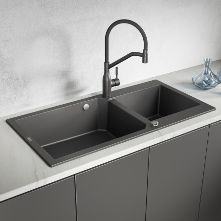 Zlewozmywak Granitowy Dwukomorowy Czarny MILOS