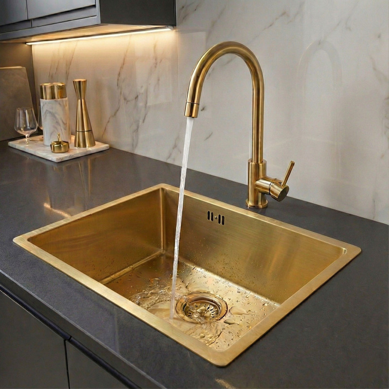 Zlew Zlewozmywak Jednokomorowy Stalowy Złoty z Syfonem Marmara