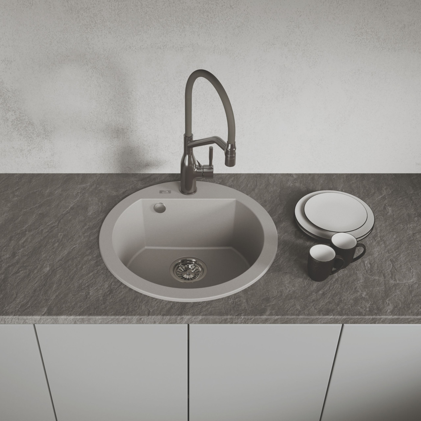 Zlew Zlewozmywak Granitowy Szary Okrągły Dafne