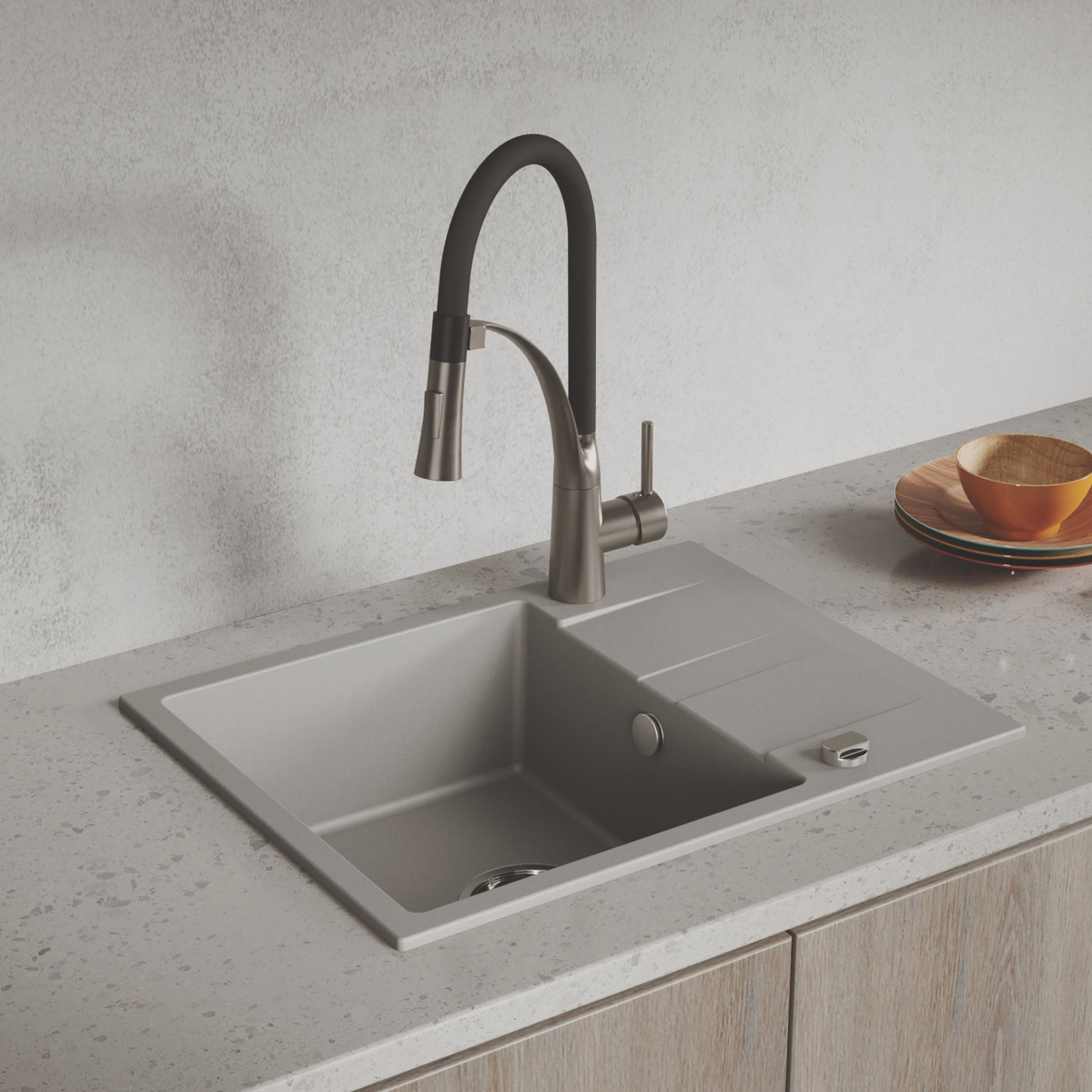 Zlew Zlewozmywak Jednokomorowy Granitowy Szary z Półociekaczem