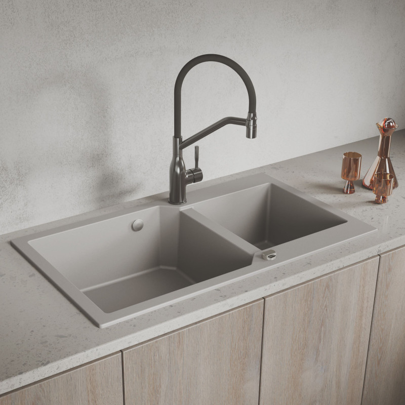 Zlewozmywak Granitowy 2 komorowy 50x86cm z syfonem Szary MILOS Laveo Zlewozmywak Granitowy 2 komorowy 50x86cm z syfonem Szary MILOS Laveo