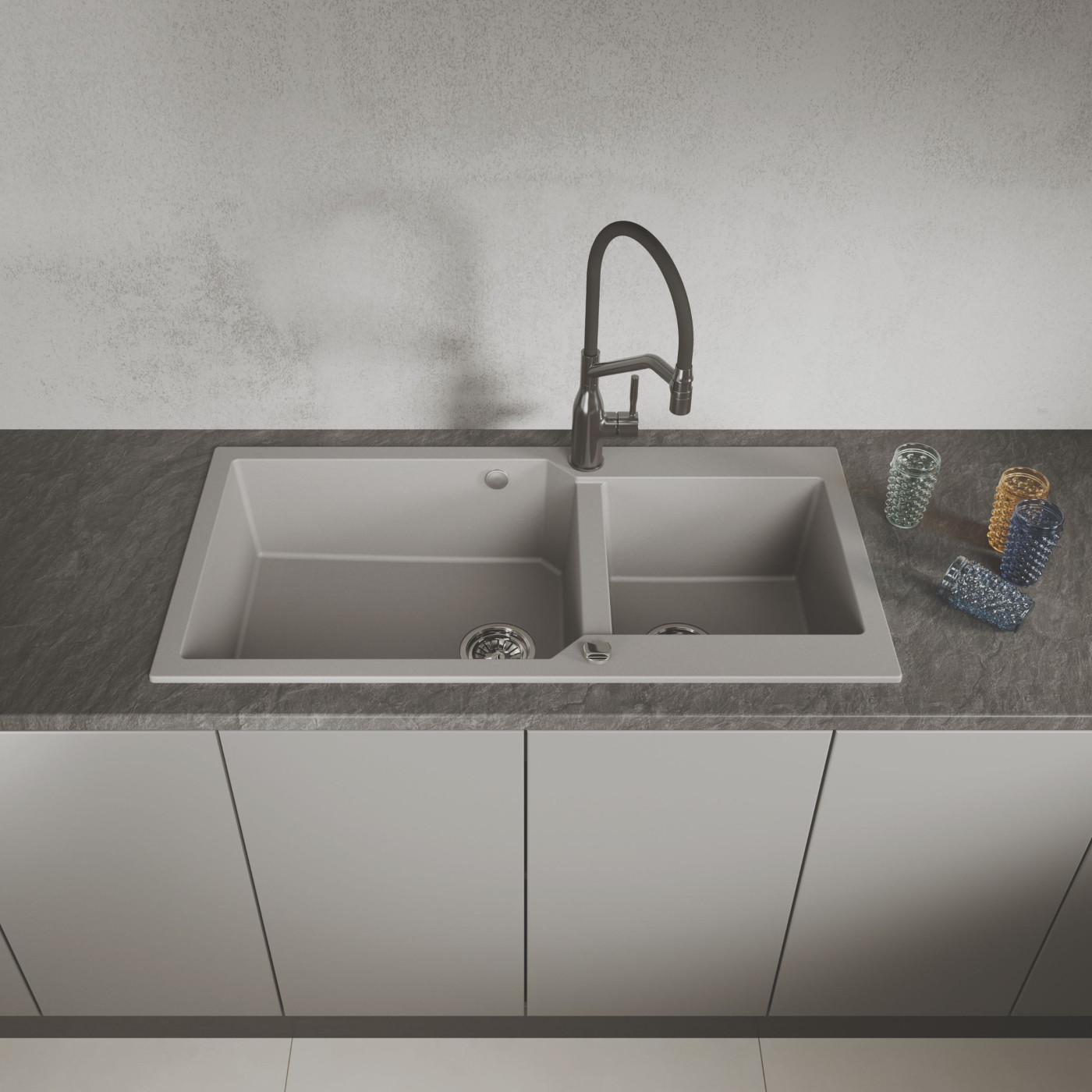 Zlewozmywak Granitowy Dwukomorowy Szary MILOS