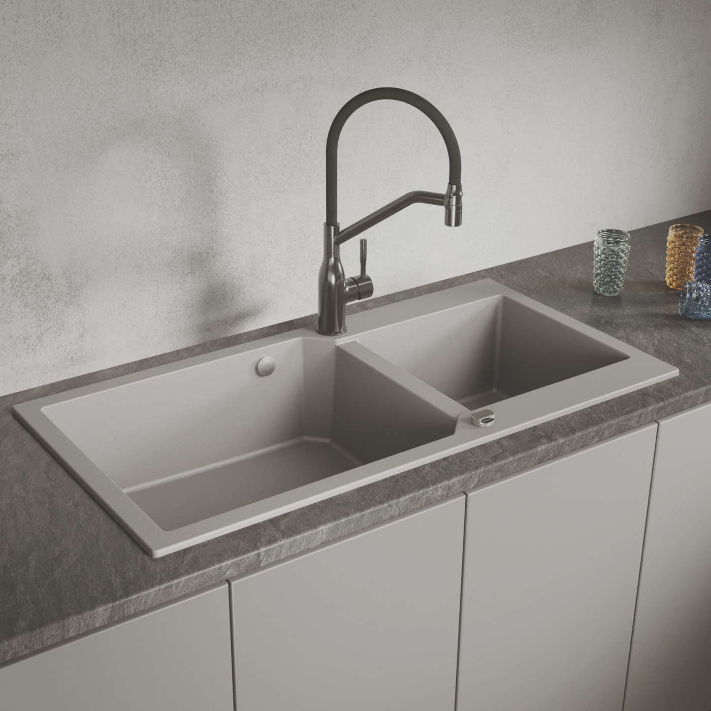 Zlewozmywak Granitowy Dwukomorowy Szary MILOS