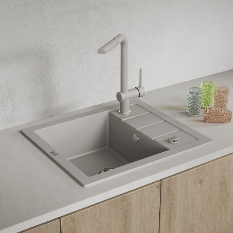 Zlewozmywak Granitowy 1-komorowy ociekacz 50x57cm syfon Laveo TRZYNASTKA Szary