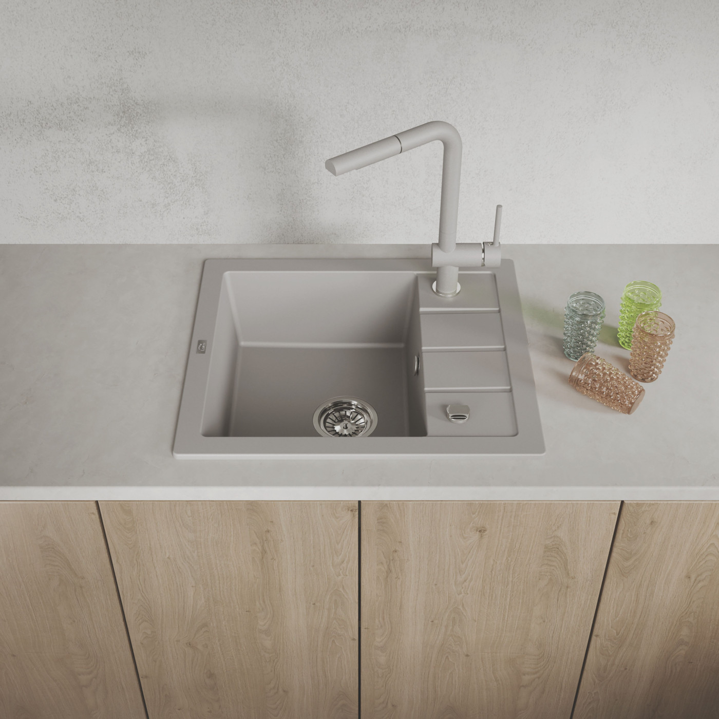 Zlewozmywak Granitowy 1-komorowy ociekacz 50x57cm syfon Laveo TRZYNASTKA Szary