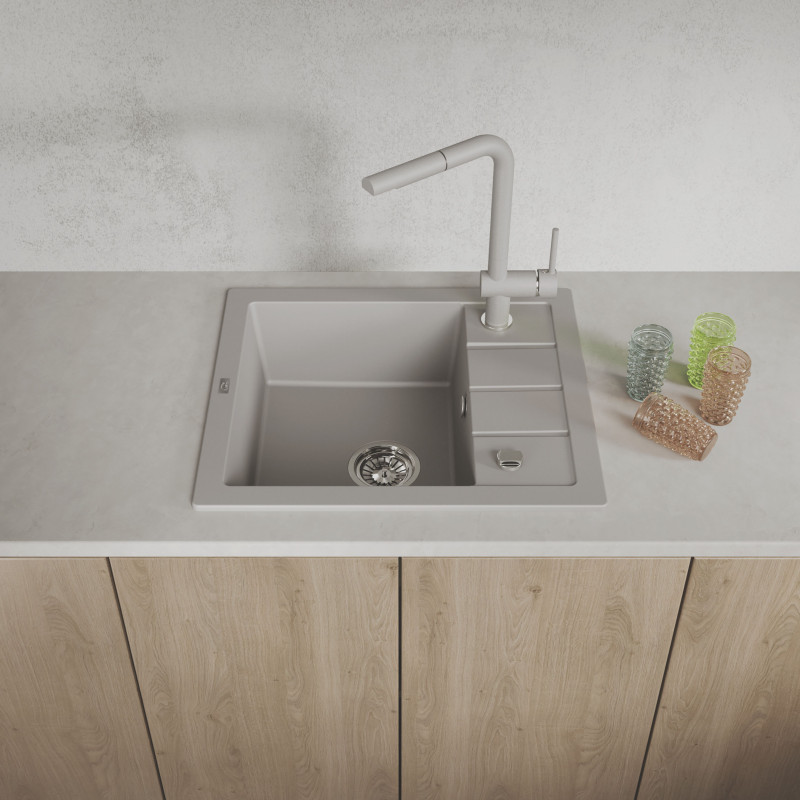 Zlewozmywak Granitowy 1-komorowy ociekacz 50x57cm syfon Laveo TRZYNASTKA Szary