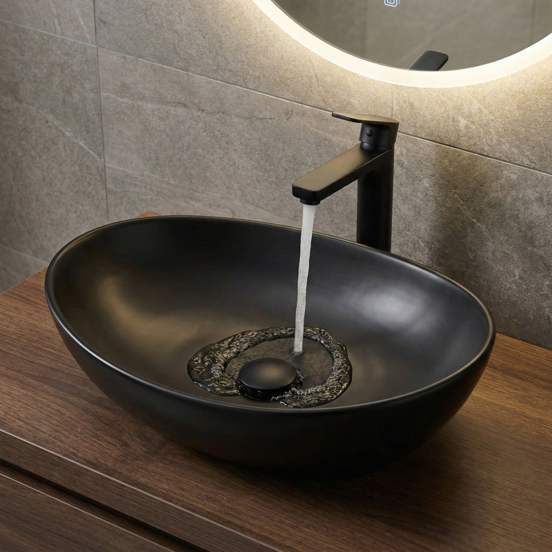 Umywalka Nablatowa Ceramiczna Owalna 41x33 cm Czarna DESNA Laveo Umywalka Nablatowa Ceramiczna Owalna 41x33 cm Czarna DESNA Laveo