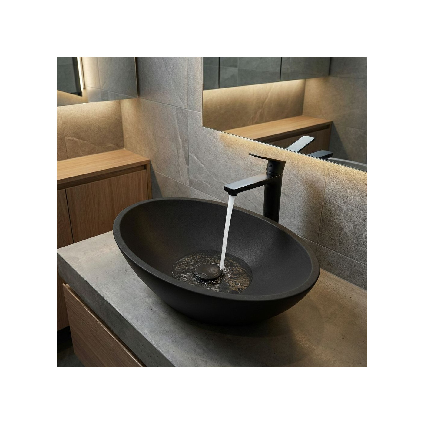 Umywalka Nablatowa Granitowa Czarna Umywalka do Łazienki Laveo VELA Umywalka Nablatowa Granitowa Czarna Umywalka do Łazienki Laveo VELA