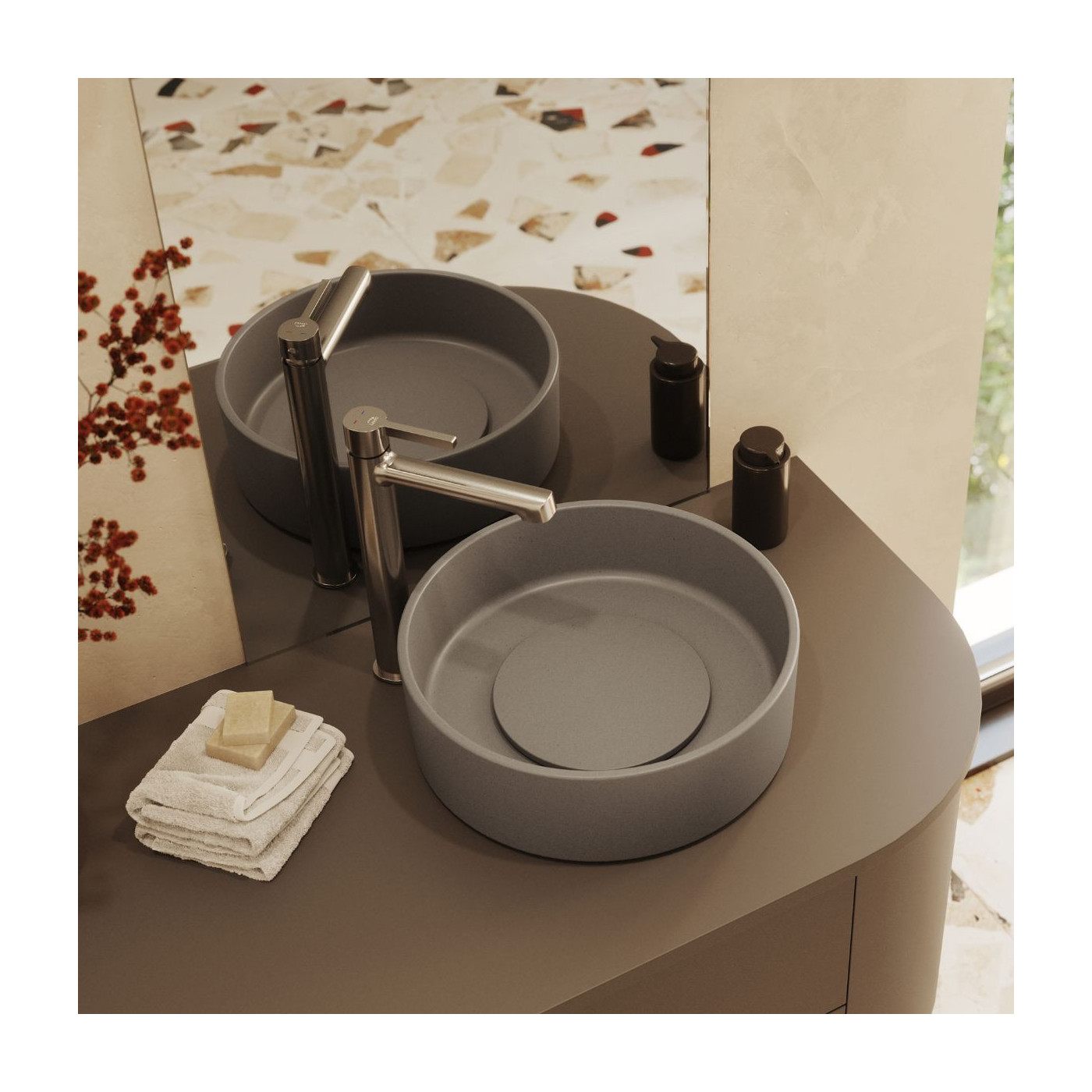 Umywalka Nablatowa Granitowa Szara Umywalka do Łazienki Laveo Perl Umywalka Nablatowa Granitowa Szara Umywalka do Łazienki Laveo Perl