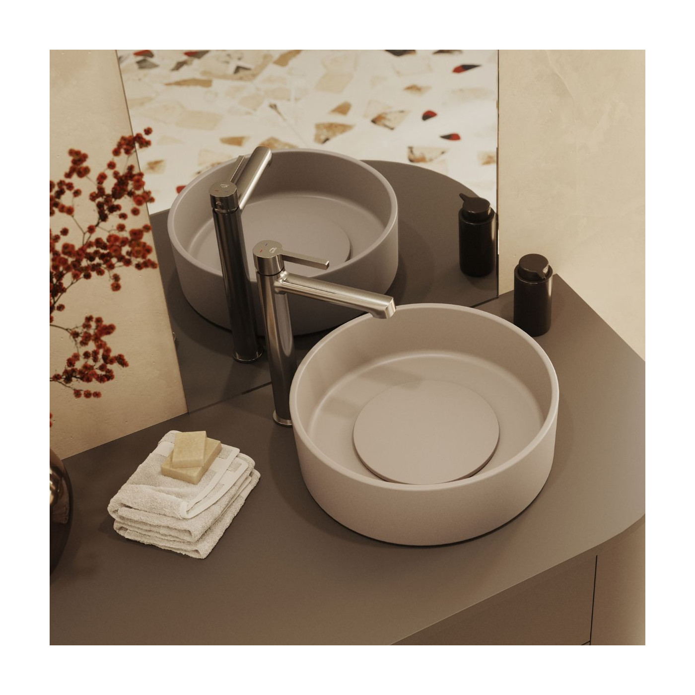 Umywalka Nablatowa Granitowa Beżowa Umywalka do Łazienki Laveo Perl Umywalka Nablatowa Granitowa Beżowa Umywalka do Łazienki Laveo Perl