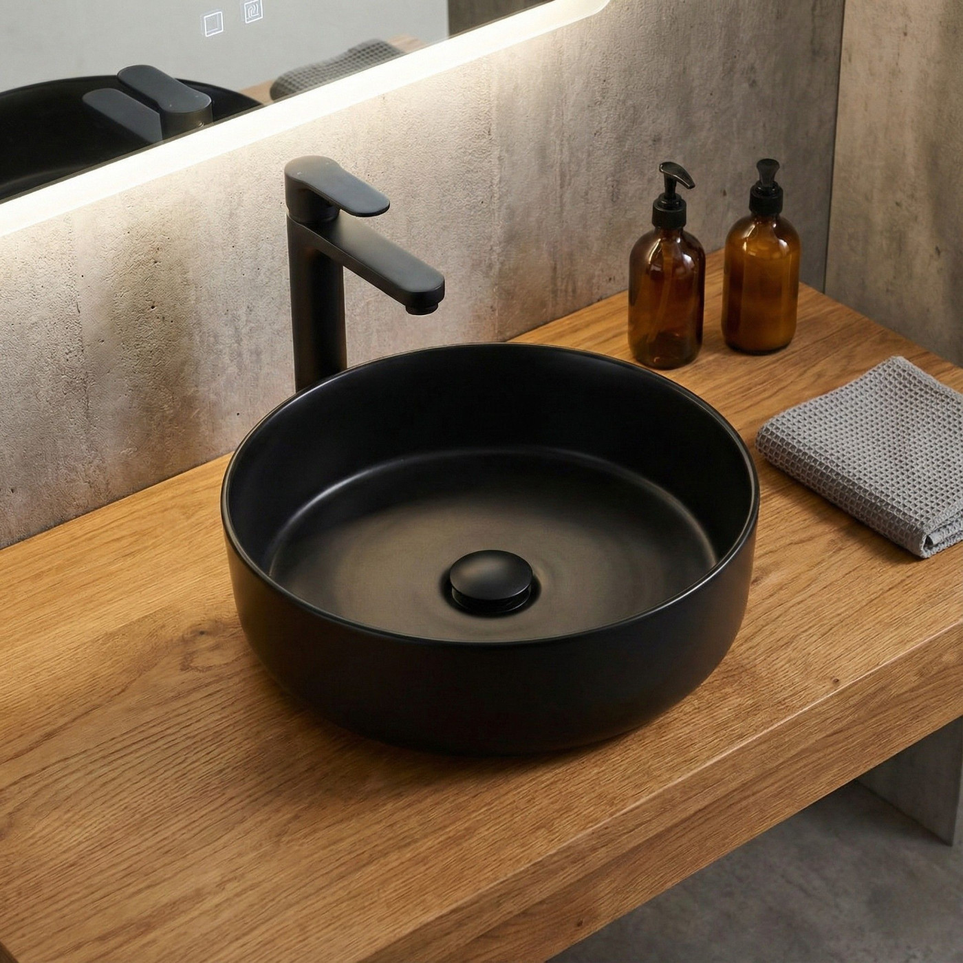 Okrągła Umywalka Nablatowa Ceramiczna Czarna DESNA