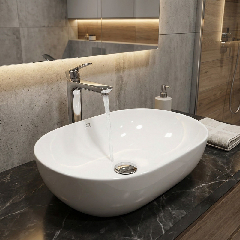 Umywalka Nablatowa Ceramiczna Owalna Biała Lomami