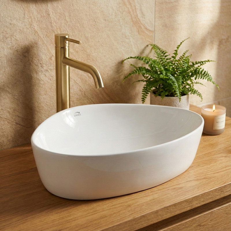 Umywalka Nablatowa Biała Ceramiczna Asymetryczna Laveo