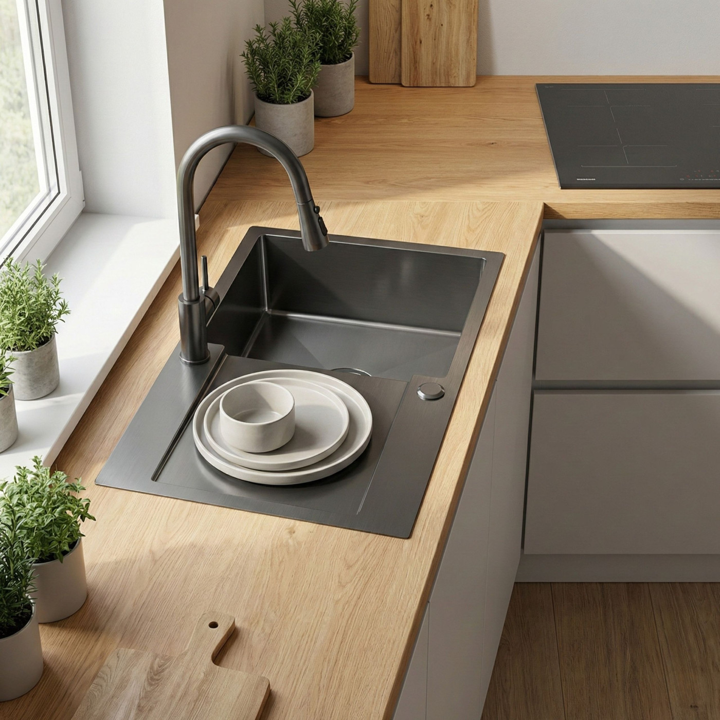 Zlewozmywak Jednokomorowy z Ociekaczem  Stalowy z Syfonem Grafit Marmara