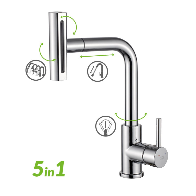 Bateria Zlewozmywakowa Stojąca z Wyciąganą Wielofunkcyjną Wylewką Rotaro Chrom