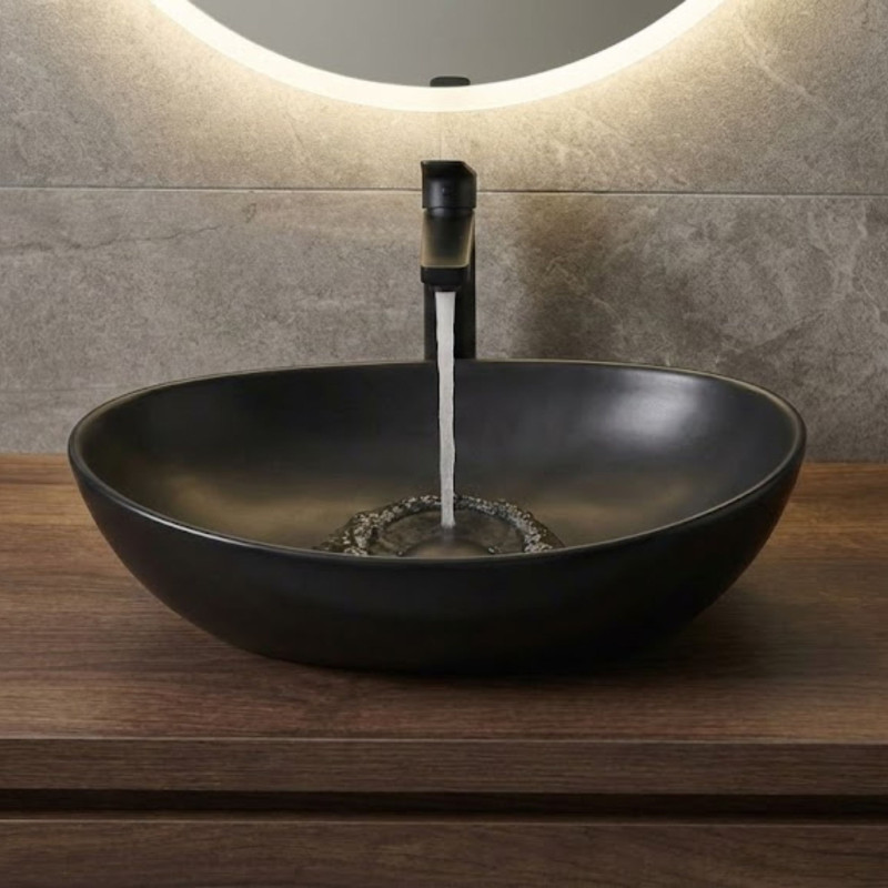 Umywalka Nablatowa Ceramiczna Owalna 41x33 cm Czarna DESNA Laveo
