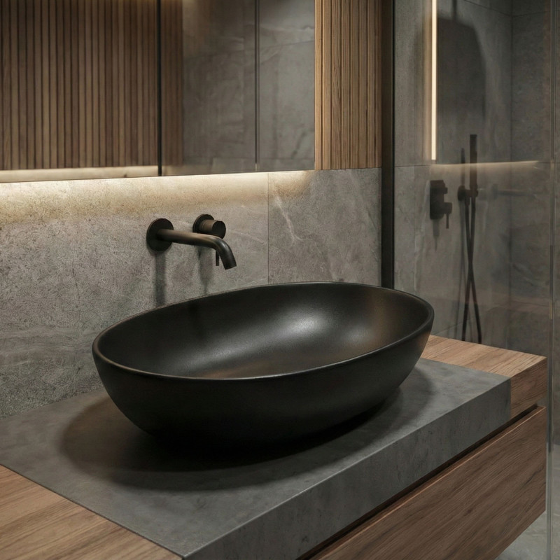 Umywalka Nablatowa Ceramiczna Owalna 41x33 cm Czarna DESNA Laveo
