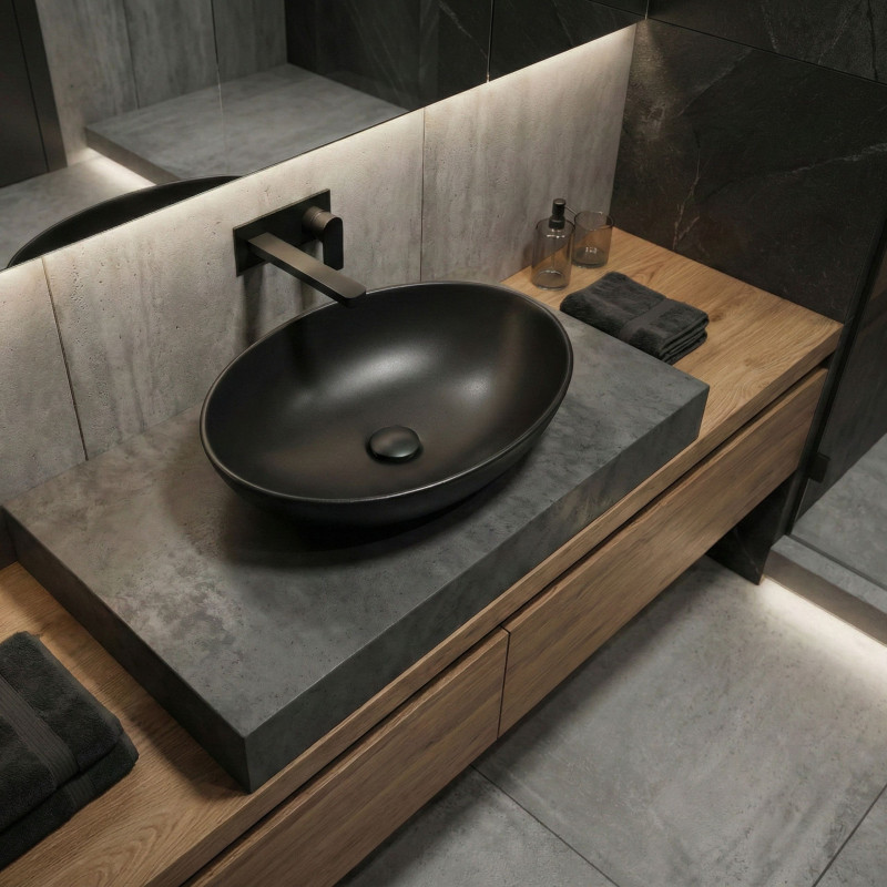 Umywalka Nablatowa Ceramiczna Owalna 41x33 cm Czarna DESNA Laveo