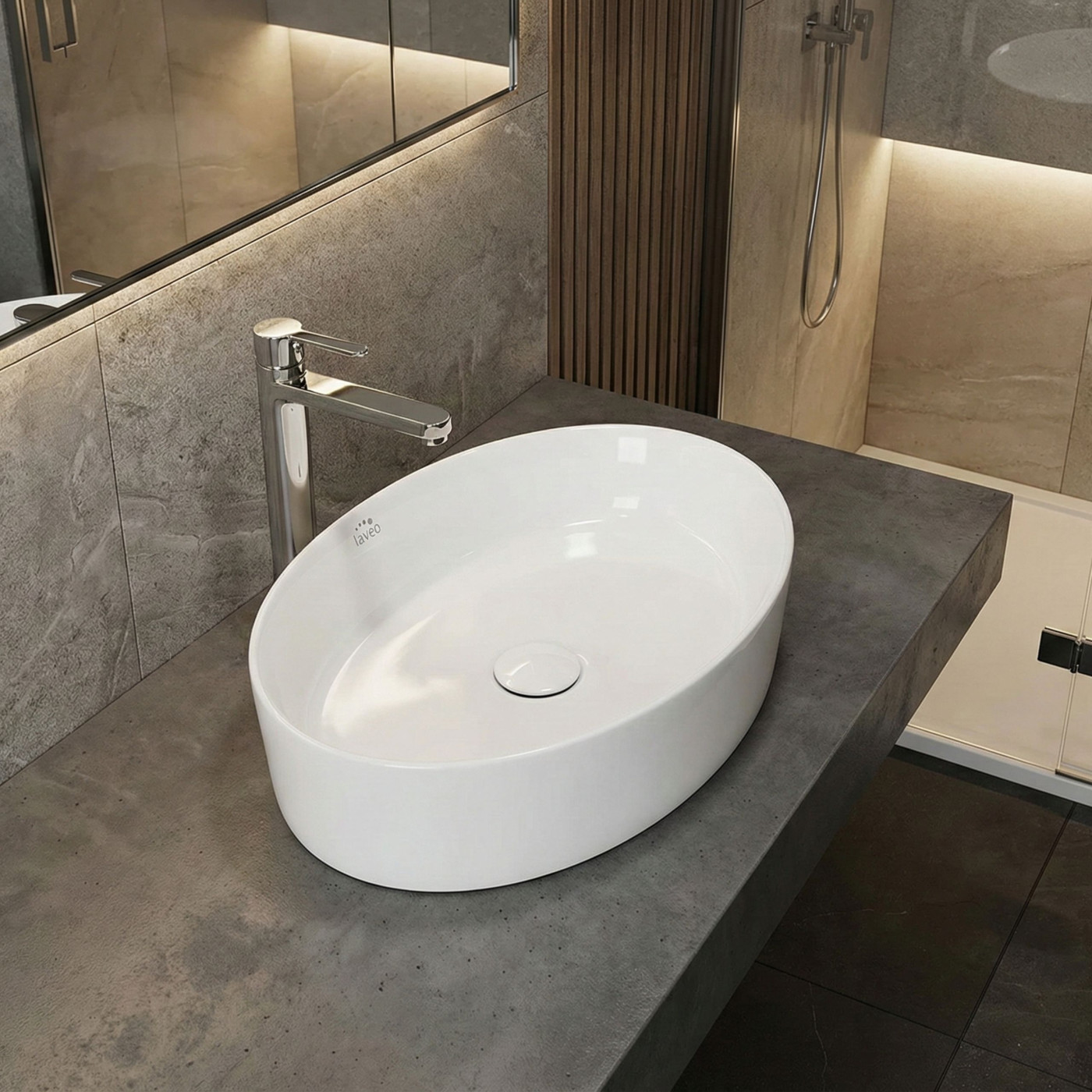 Umywalka Nablatowa Ceramiczna 48x34 cm Biała DESNA Laveo Umywalka Nablatowa Ceramiczna 48x34 cm Biała DESNA Laveo