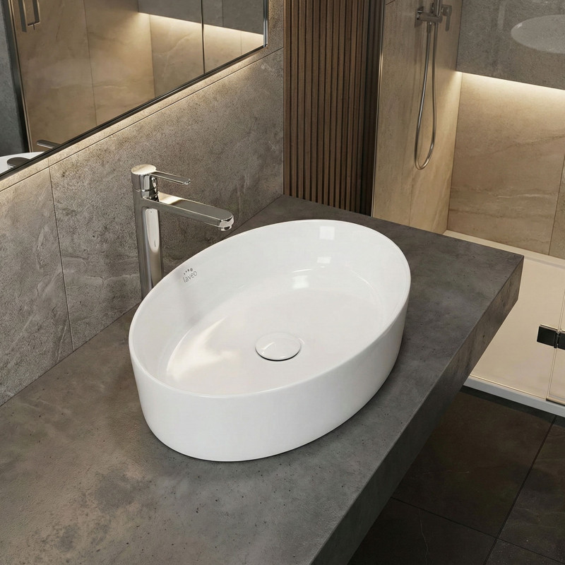 Umywalka Nablatowa Ceramiczna 48x34 cm Biała DESNA Laveo Umywalka Nablatowa Ceramiczna 48x34 cm Biała DESNA Laveo