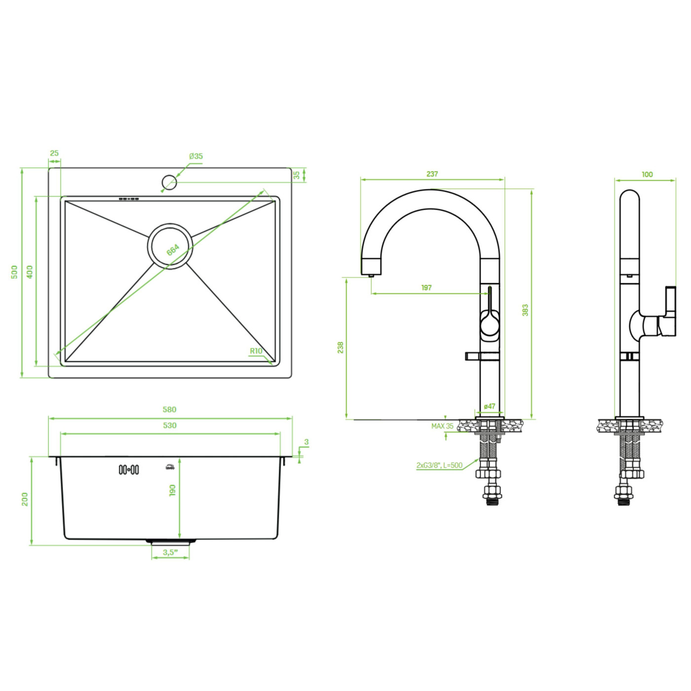 Zlewozmywak Stalowy MALAWI 50x58cm Z Baterią Filtrującą PURECO