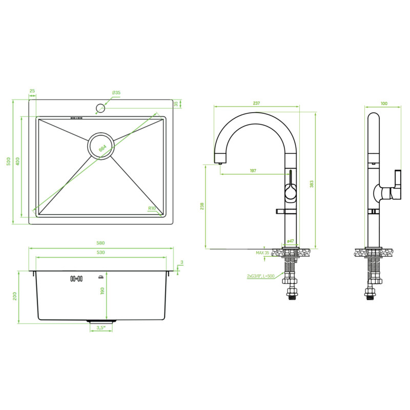 Zlewozmywak Stalowy MALAWI 50x58cm Z Baterią Filtrującą PURECO Złoty Zlewozmywak Stalowy MALAWI 50x58cm Z Baterią Filtrującą PURECO Złoty