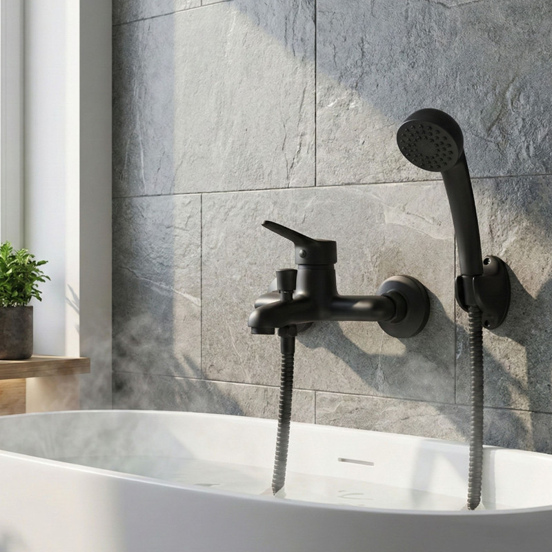 Bateria Wannowa Ścienna z Zestawem Natryskowym Fene Czarna