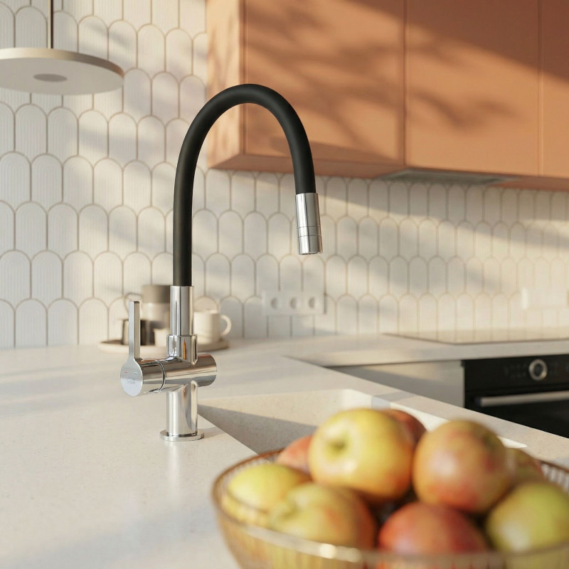 Bateria Zlewozmywakowa Stojąca z Elastyczną Wylewką Czarna Chrom ALITA Laveo