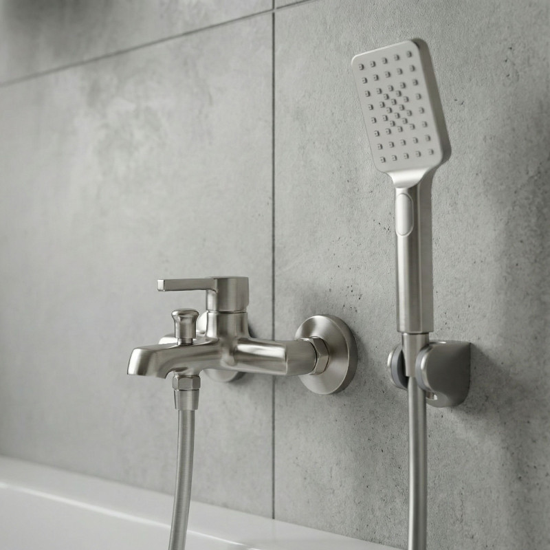 Bateria Wannowa Ścienna z Zestawem Natryskowym ALITA Srebrna BVA_311D
