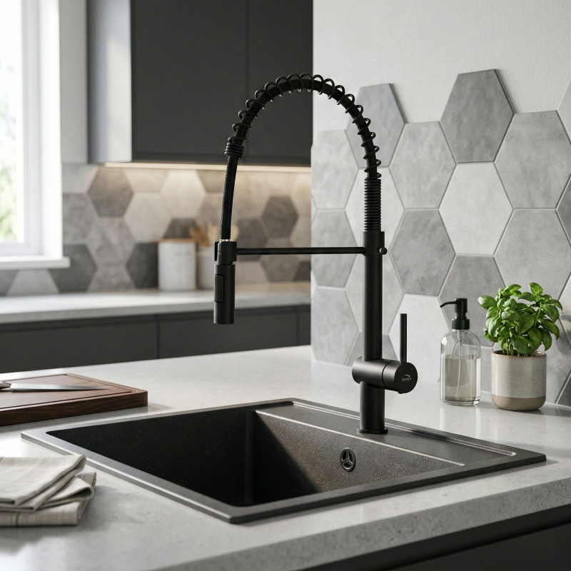 Bateria Zlewozmywakowa Stojąca Ze Sprężyną Rhea Czarna