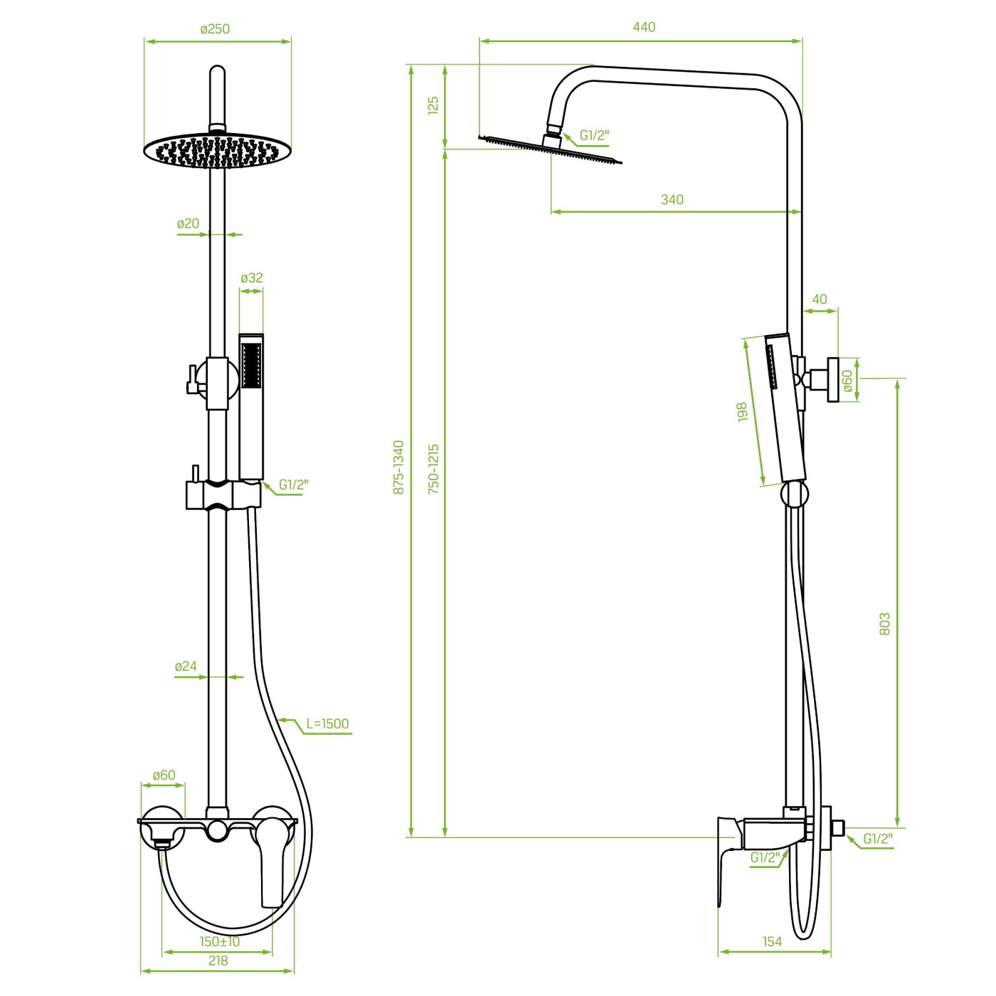 Kolumna Natryskowa z Baterią Raila Chrom/Czarna
