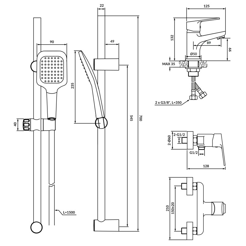 Zestaw Baterii Łazienkowych Bateria Umywalkowa Bateria Natryskowa BORGO