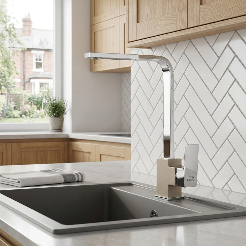 Bateria Zlewozmywakowa Stojąca Z Wylewką L Kvadrato Chrom/Beż