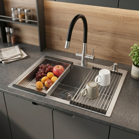 Zlewozmywak Jednokomorowy Wpuszczany 50x58cm Bateria zestaw akces. Srebrny MALAWI