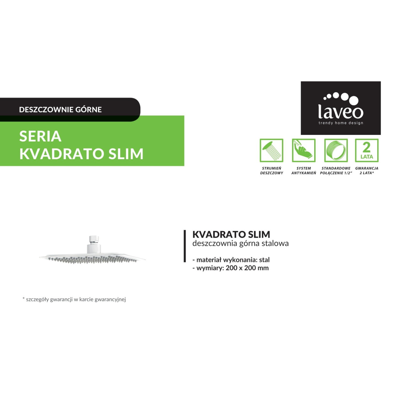 Deszczownica Natryskowa Prysznicowa górna Laveo SLIM KVADRATO Biała 20 mm