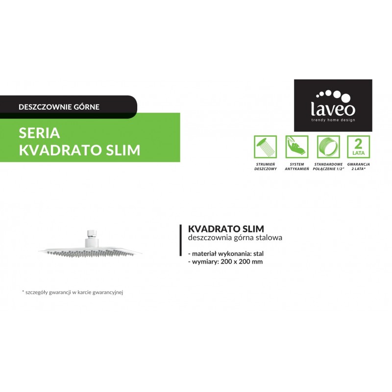 Deszczownica Natryskowa Prysznicowa górna Laveo SLIM KVADRATO Biała 20 mm