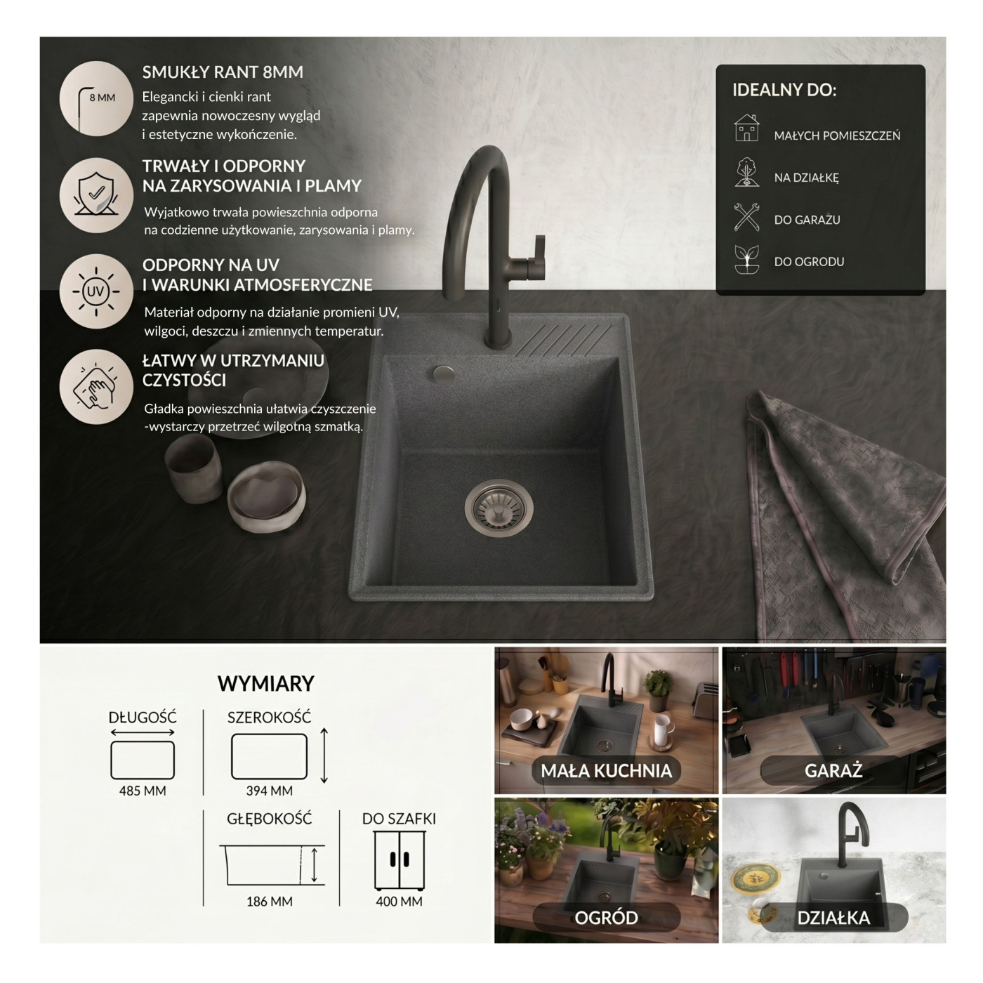 Zlewozmywak Granitowy Jednokomorowy HUB Volcano Gray Zlewozmywak Granitowy Jednokomorowy HUB Volcano Gray