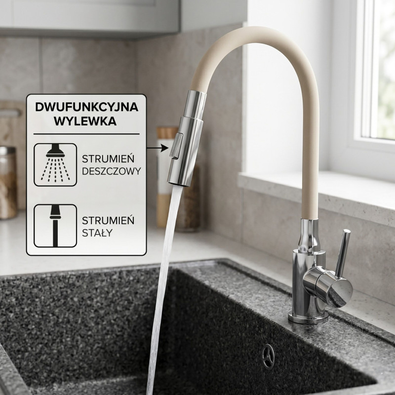 Bateria Zlewozmywakowa Z Elastyczną 2 - funkcyjną wylewką Chrom/Beż Velia Bateria Zlewozmywakowa Z Elastyczną 2 - funkcyjną wylewką Chrom/Beż Velia