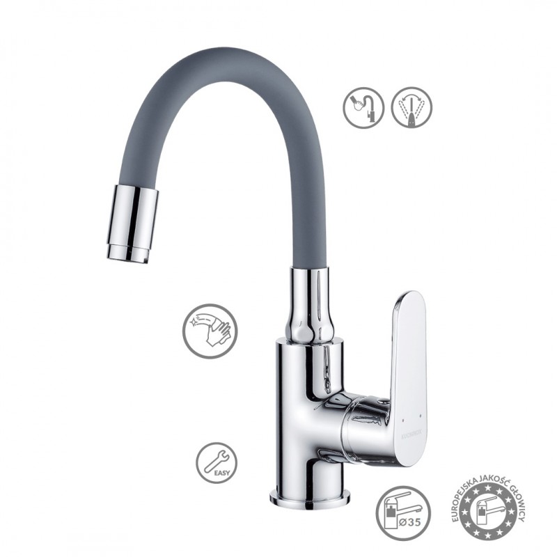 Bateria Umywalkowa Stojąca z Elastyczną Wylewką Szara