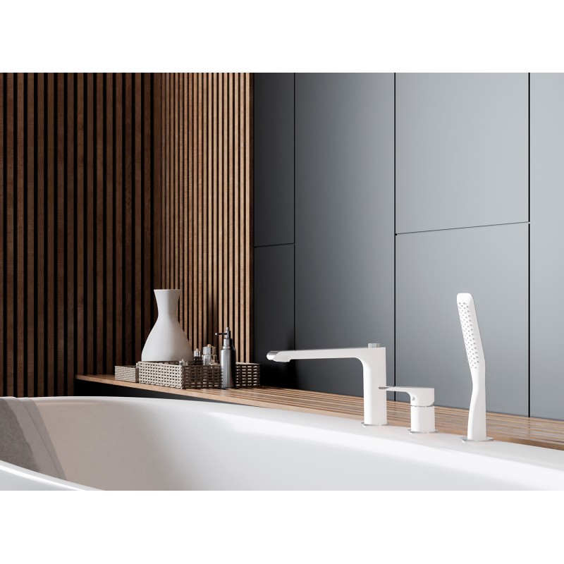 Bateria Wannowa Stojąca Trzy Otworowa Biały Chrom Bateria Wannowa Stojąca Trzy Otworowa Biały Chrom