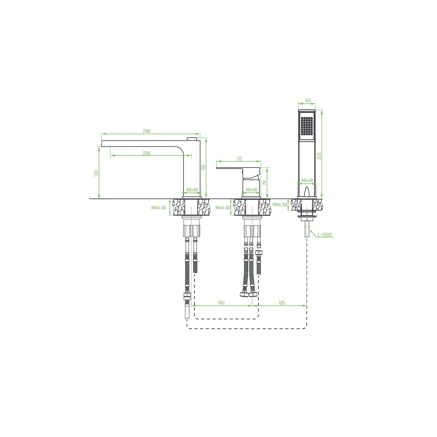 Bateria Wannowa Stojąca Trzy Otworowa KVADRATO Bateria Wannowa Stojąca Trzy Otworowa KVADRATO