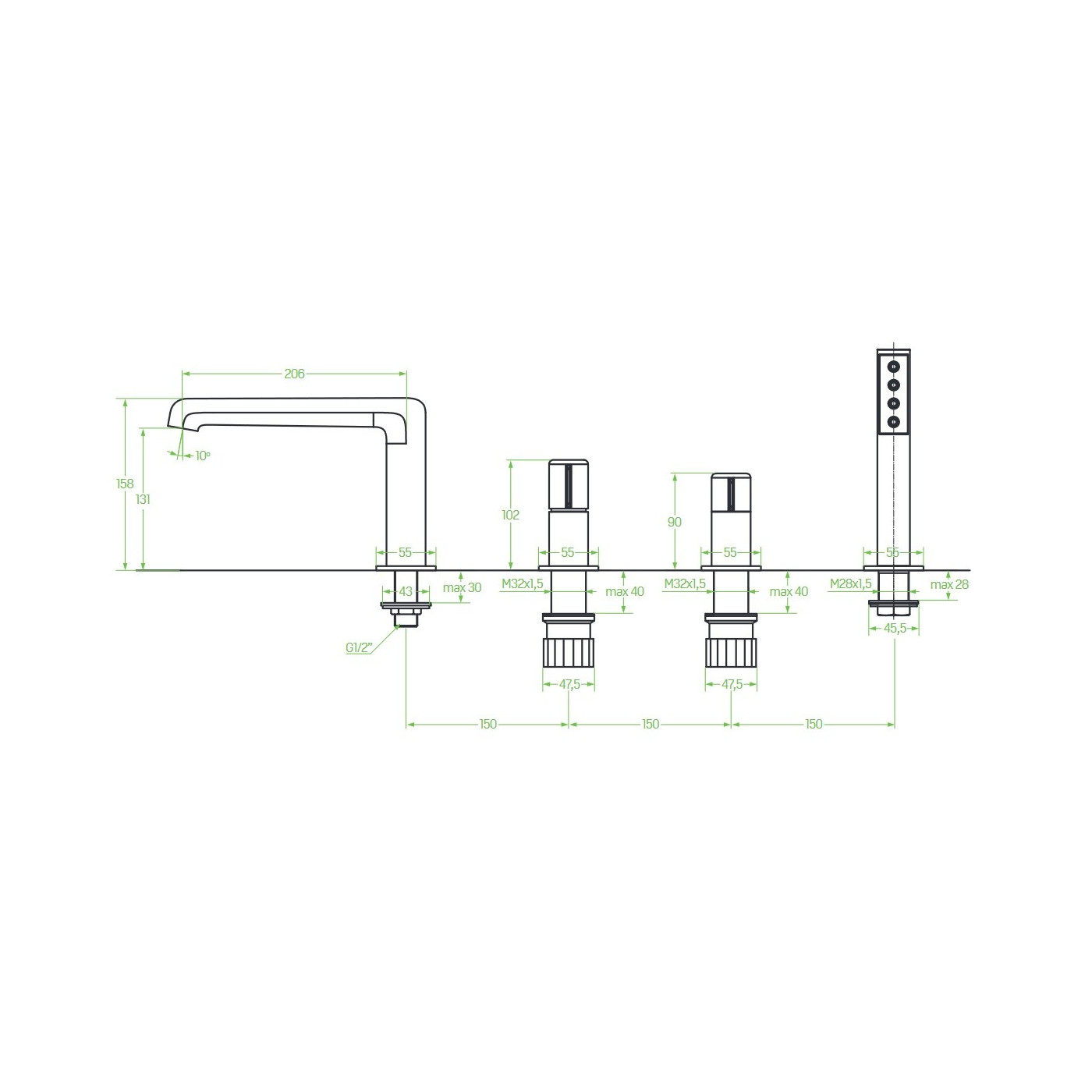Bateria Wannowa Stojąca 4 Otworowa PRETTO Bateria Wannowa Stojąca 4 Otworowa PRETTO