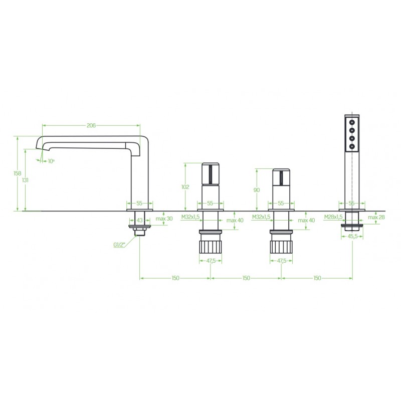 Bateria Wannowa Stojąca 4 Otworowa PRETTO Bateria Wannowa Stojąca 4 Otworowa PRETTO