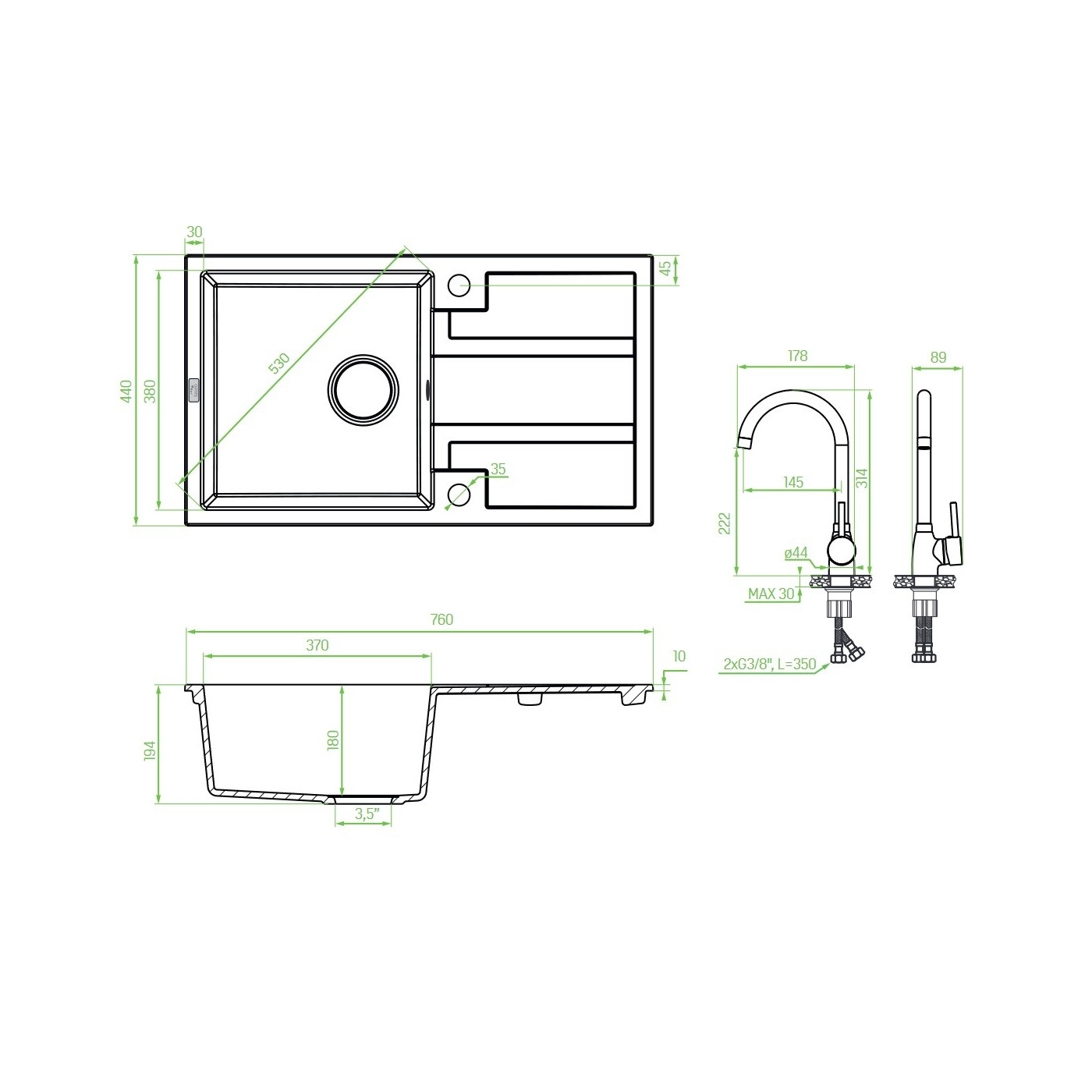Zlew Zlewozmywak Jednokomorowy Beżowy z Baterią BARBADOS