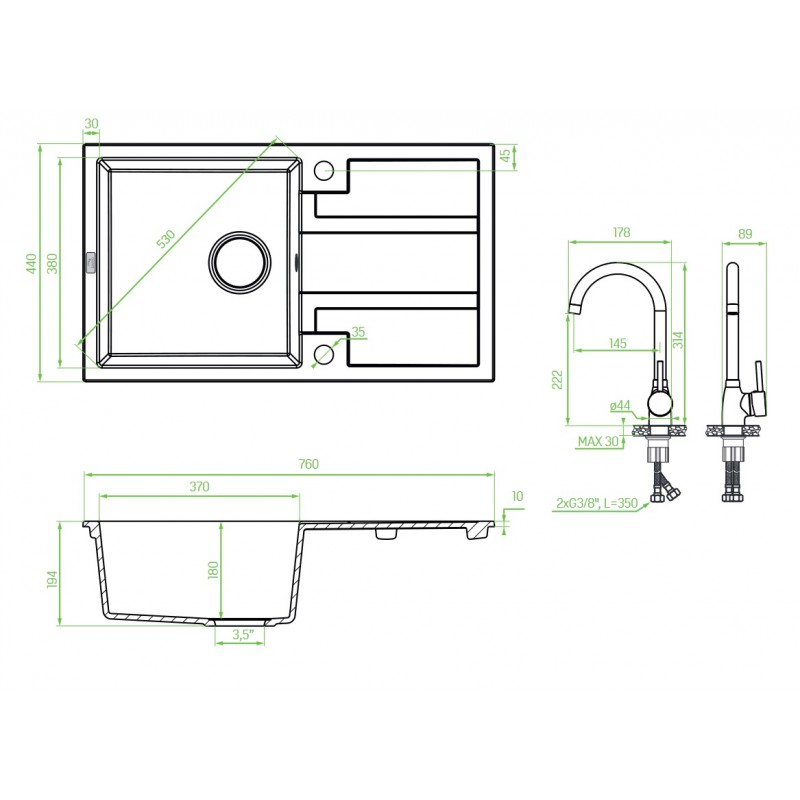 Zlew Zlewozmywak Jednokomorowy Beżowy z Baterią BARBADOS