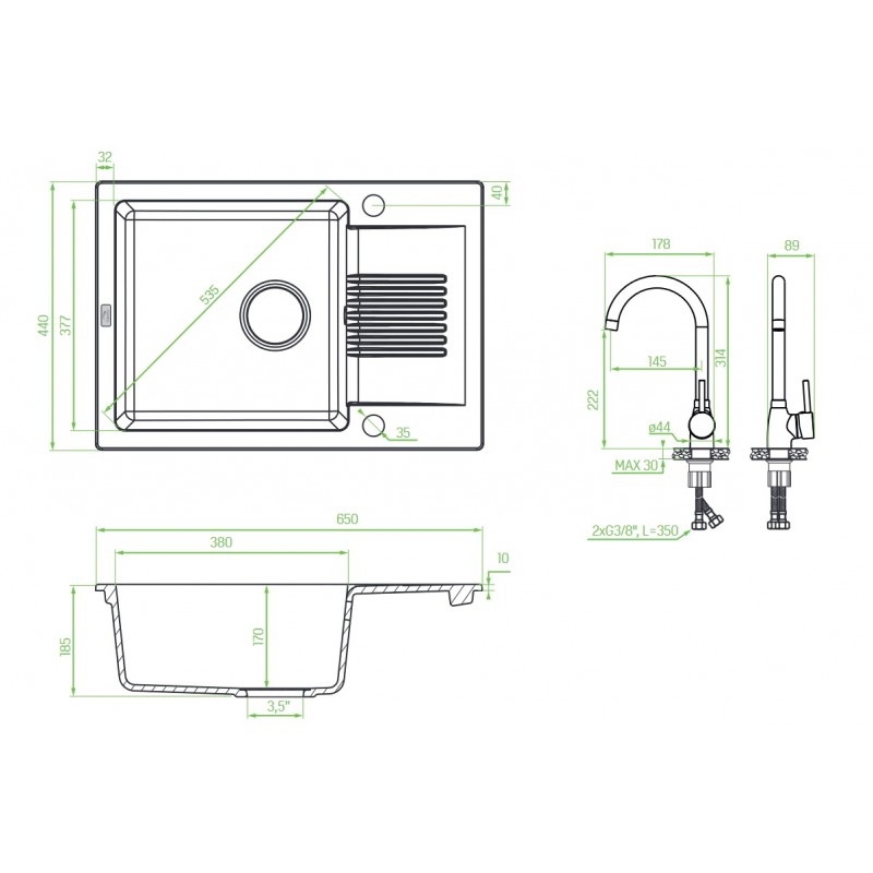 Zlew Zlewozmywak Granitowy Czarny z Baterią Granitową Zlew Zlewozmywak Granitowy Czarny z Baterią Granitową