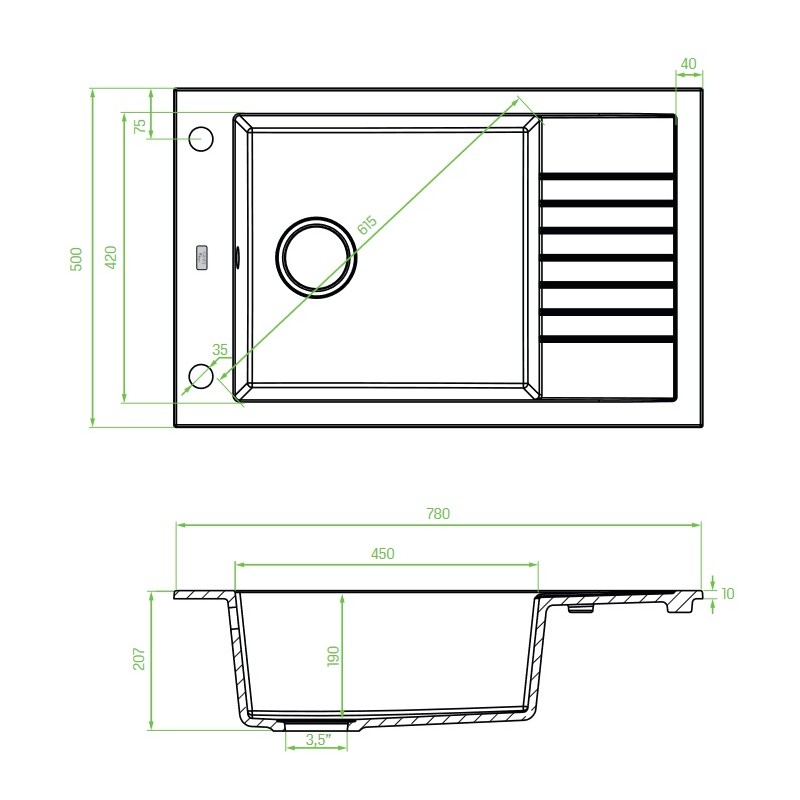 Zlew Zlewozmywak Granitowy  Czarny z Półociekaczem Pionier