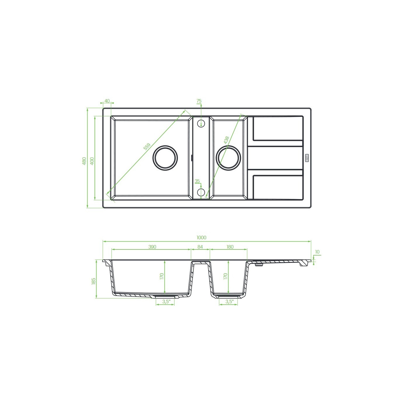 Zlew Zlewozmywak Granitowy Czarny 1,5 Komorowy