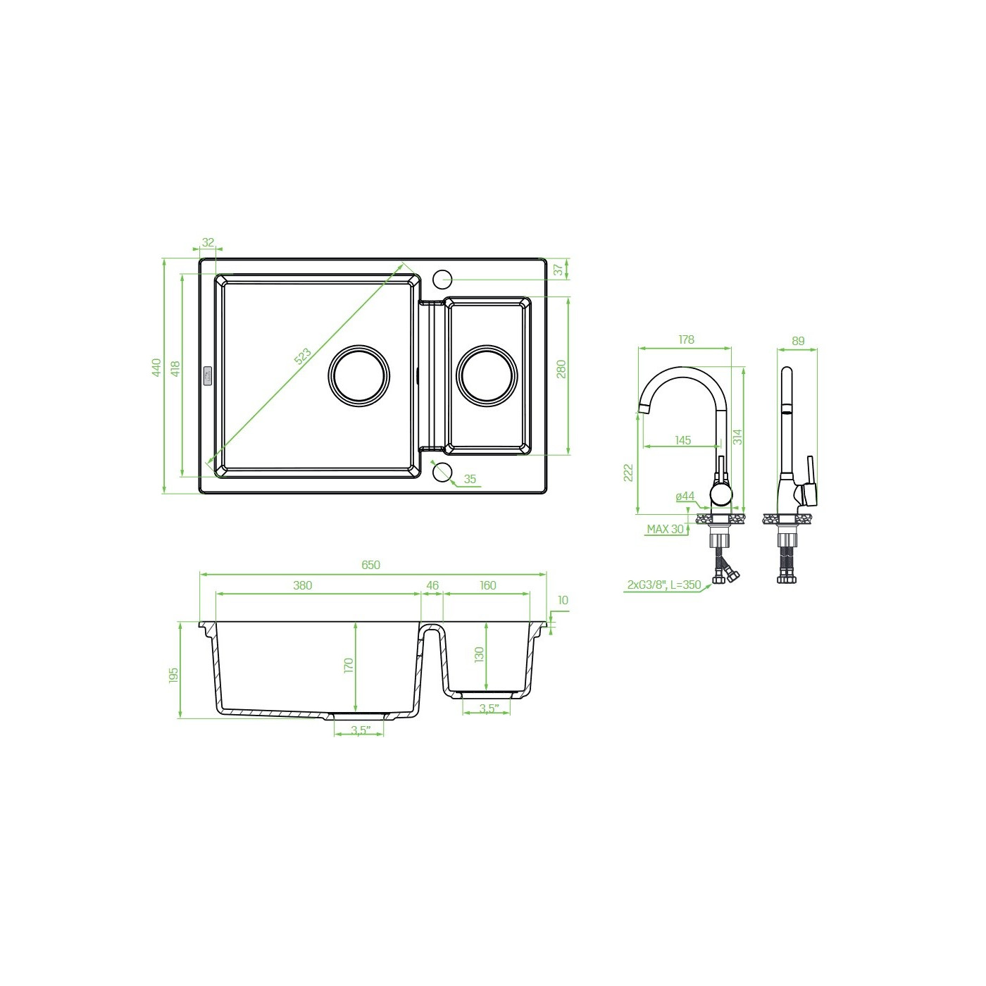 Zlew Zlewozmywak Granitowy Czarny z Baterią Granitową